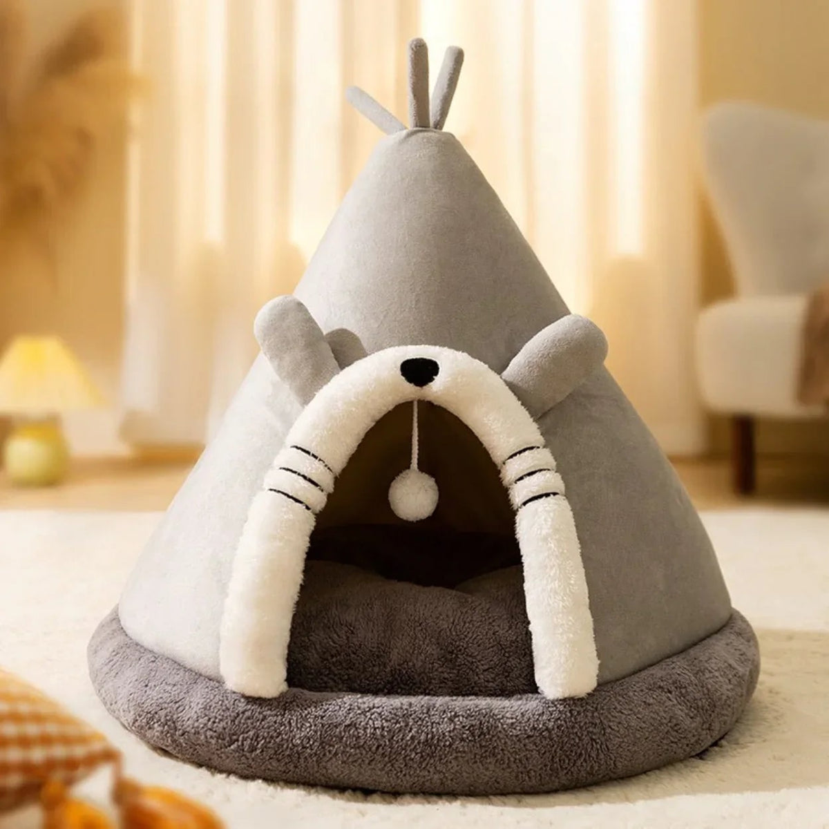 Cat Tent Bed with Heated Cave Design Enclosed Fleece Cushion and Hanging Toy Window