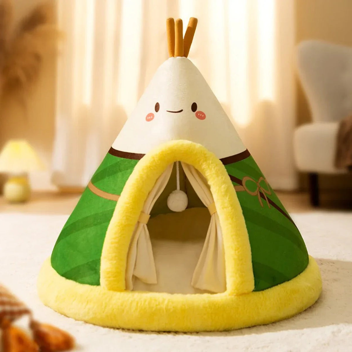 Cat Tent Bed with Heated Cave Design Enclosed Fleece Cushion and Hanging Toy Window