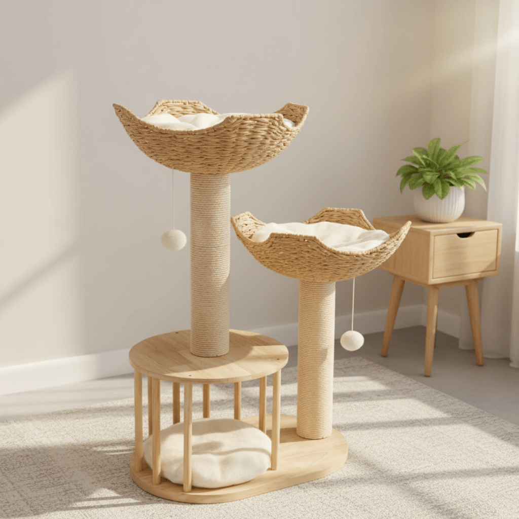 Cat Tree with Scratching Post and Condo Tower Wooden Multi-Level with Woven Baskets Modern