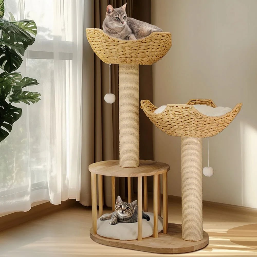 Cat Tree with Scratching Post and Condo Tower Wooden Multi-Level with Woven Baskets Modern