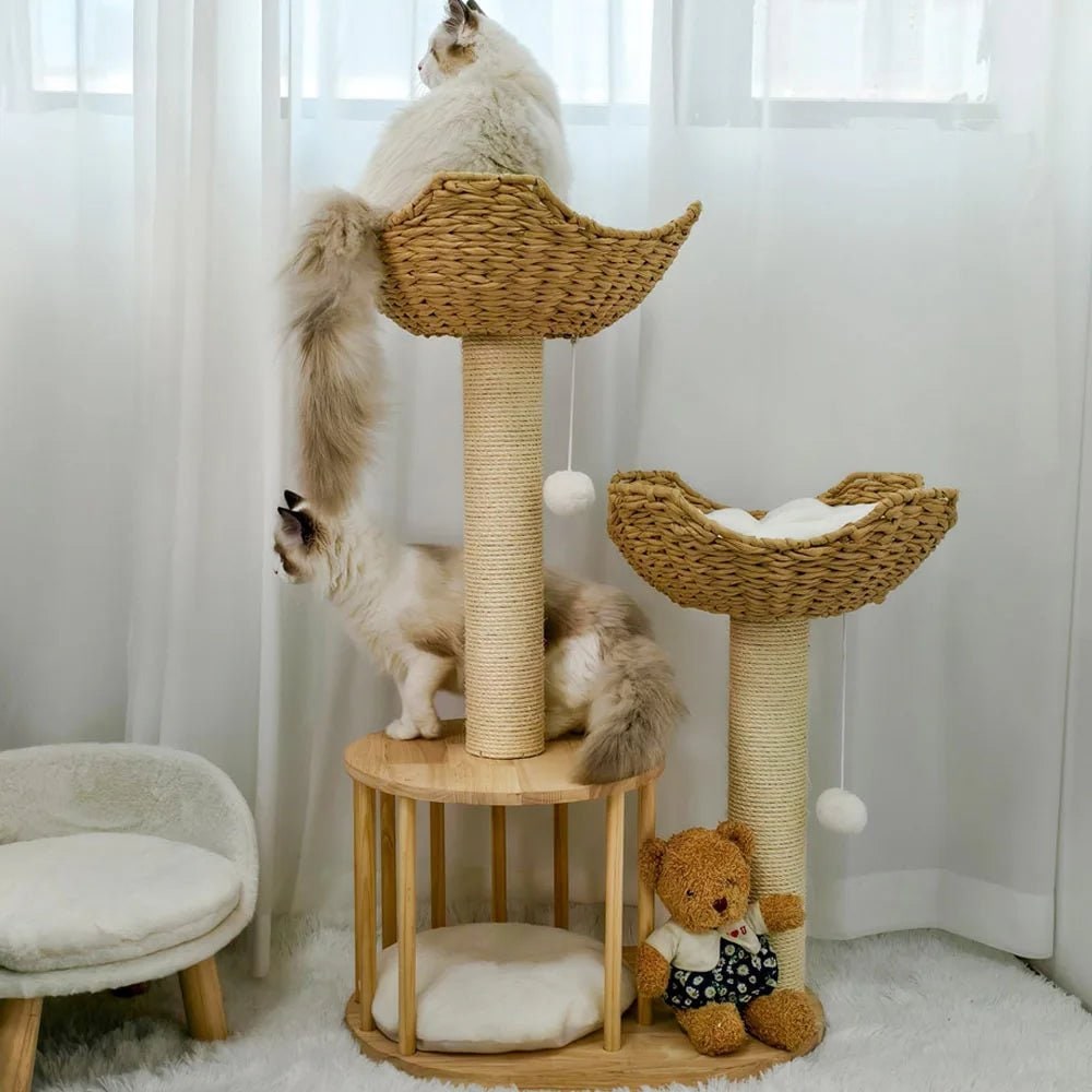 Cat Tree with Scratching Post and Condo Tower Wooden Multi-Level with Woven Baskets Modern