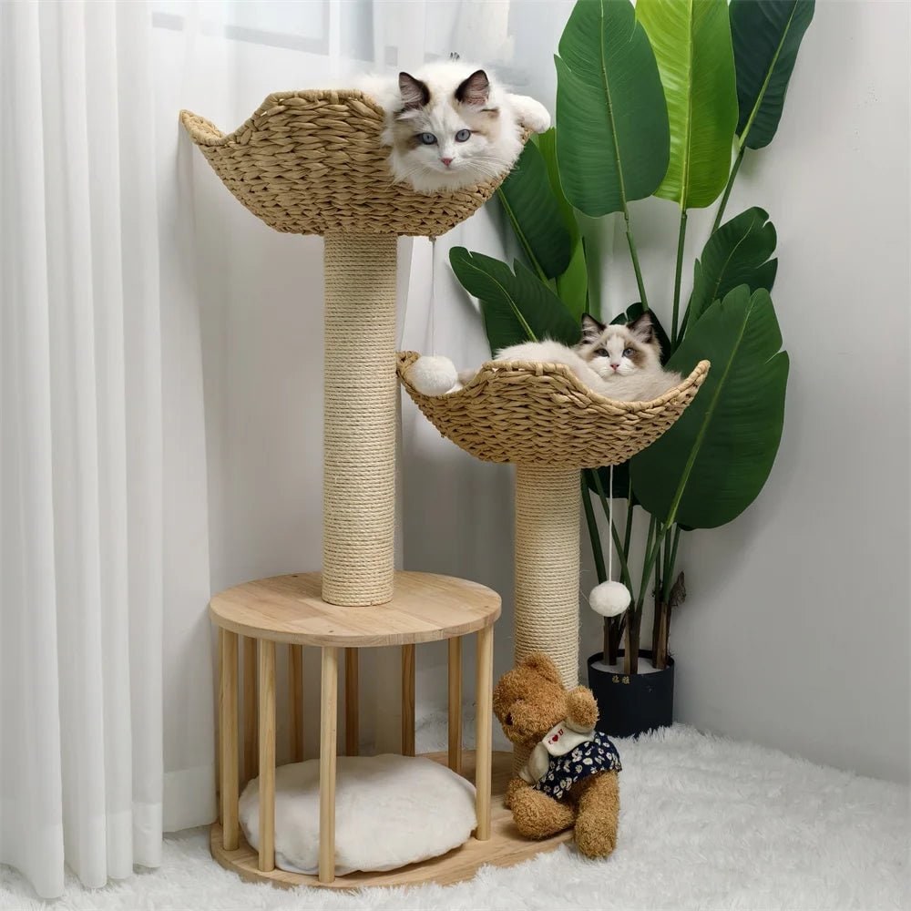 Cat Tree with Scratching Post and Condo Tower Wooden Multi-Level with Woven Baskets Modern