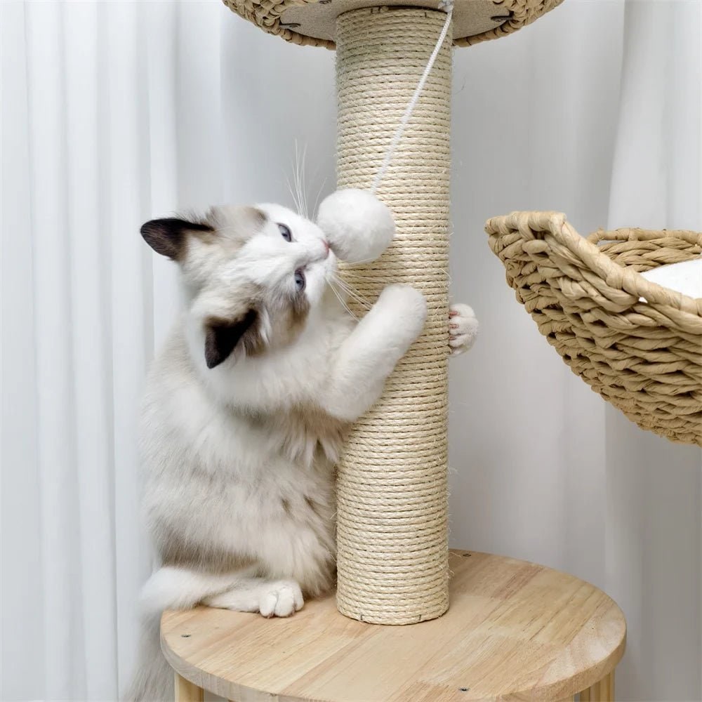 Cat Tree with Scratching Post and Condo Tower Wooden Multi-Level with Woven Baskets Modern