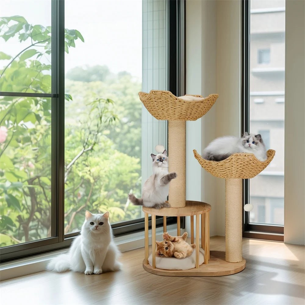 Cat Tree with Scratching Post and Condo Tower Wooden Multi-Level with Woven Baskets Modern