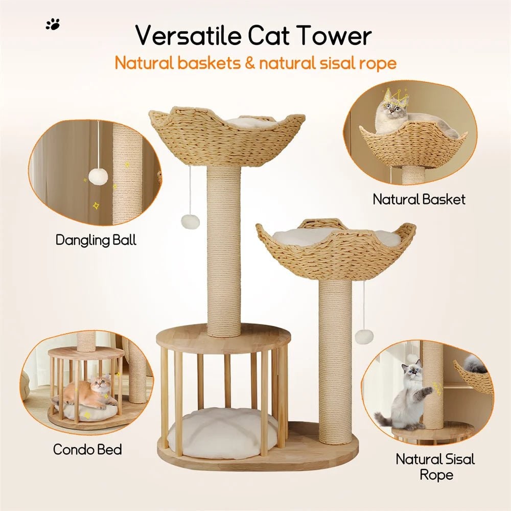 Cat Tree with Scratching Post and Condo Tower Wooden Multi-Level with Woven Baskets Modern