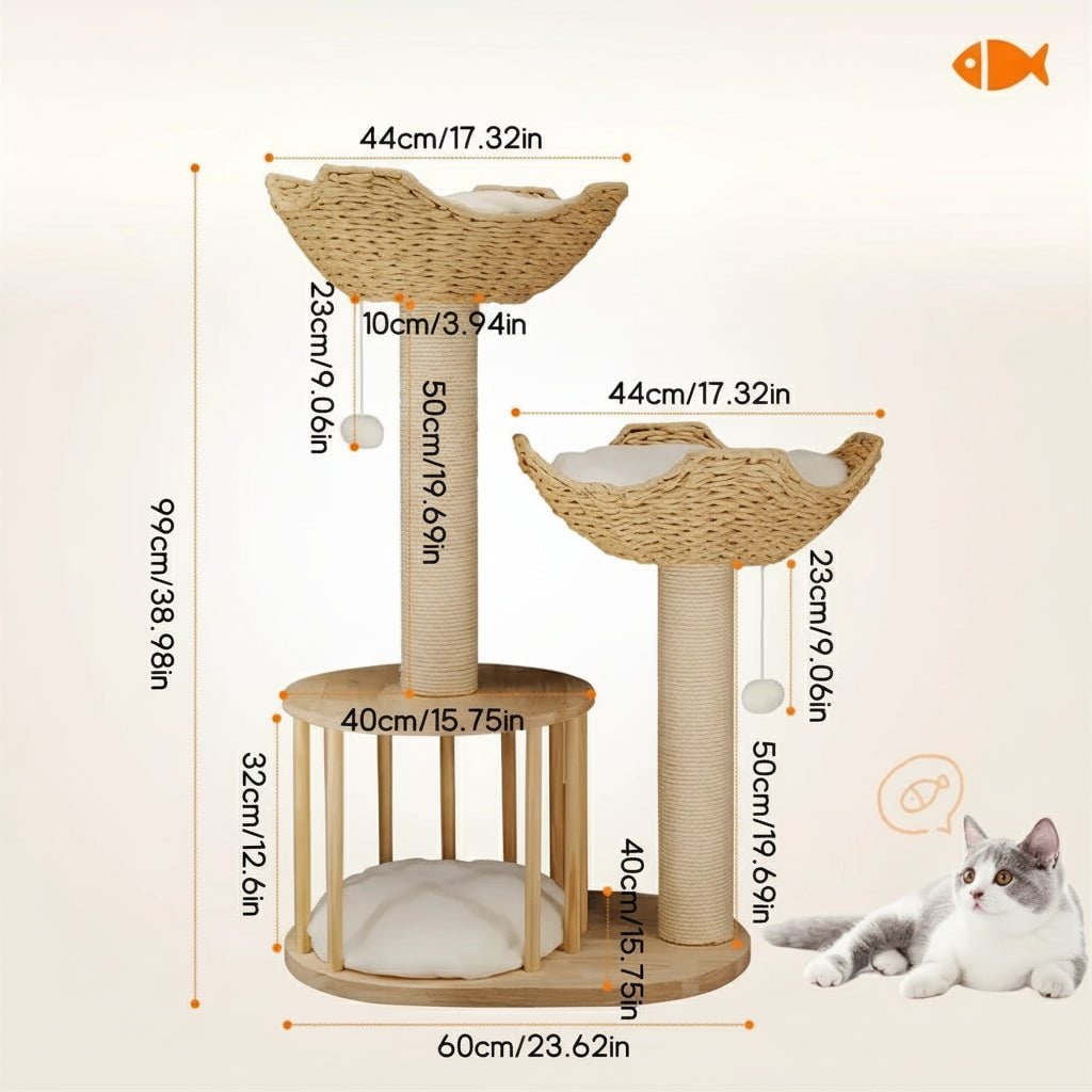 Cat Tree with Scratching Post and Condo Tower Wooden Multi-Level with Woven Baskets Modern
