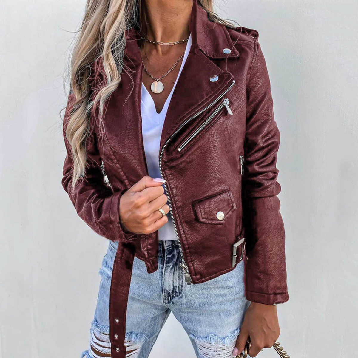 Sloane | Women's Faux Leather Jacket Belted Biker Zip Up