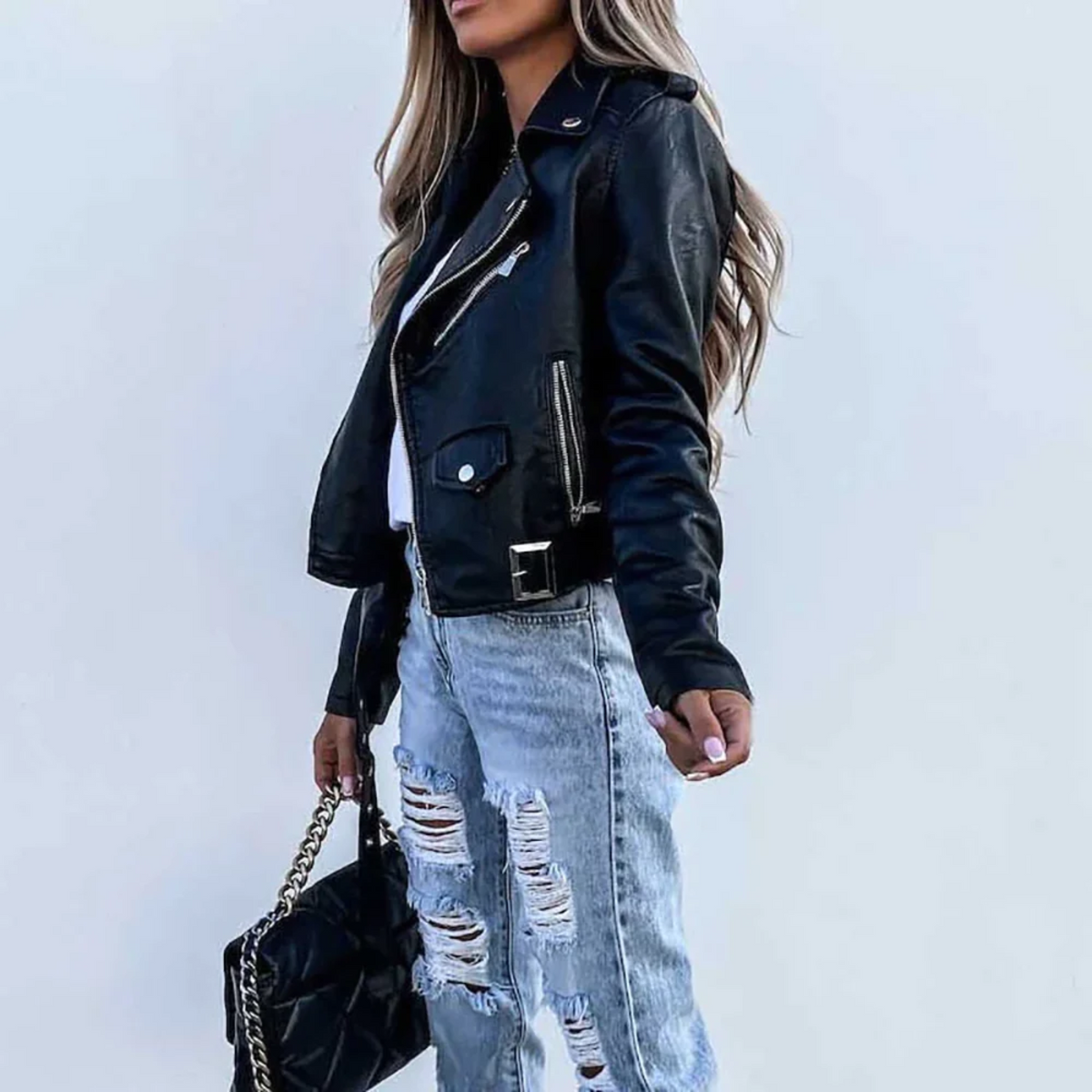 Sloane | Women's Faux Leather Jacket Belted Biker Zip Up