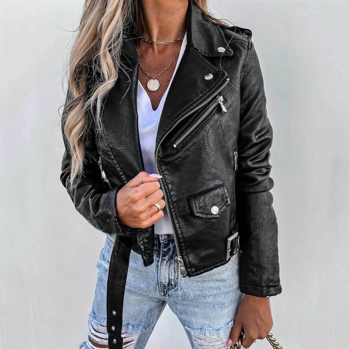 Sloane | Women's Faux Leather Jacket Belted Biker Zip Up