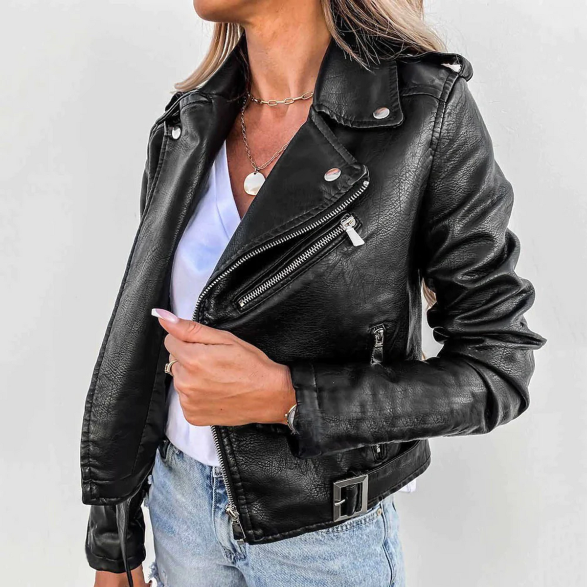 Sloane | Women's Faux Leather Jacket Belted Biker Zip Up