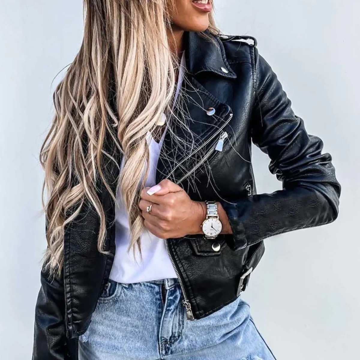 Sloane | Women's Faux Leather Jacket Belted Biker Zip Up