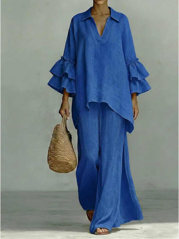 Casual Linen And Cotton Shirt And Wide-leg Pants Two-piece Set