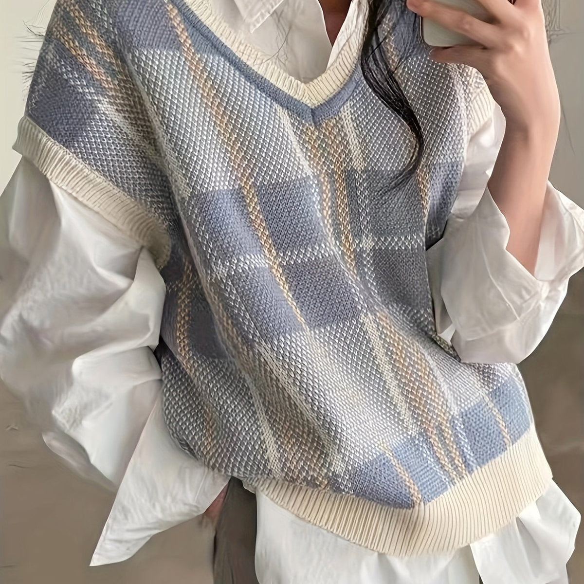 Marnie | Vintage Plaid V Neck Knit Sweater Vest