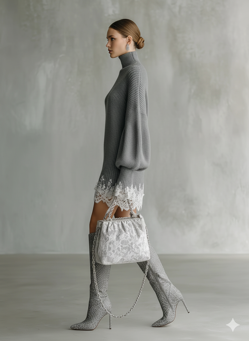 Gemma | Women's Short Fall Winter Sweater Dress Turtleneck Lace Long Sleeve