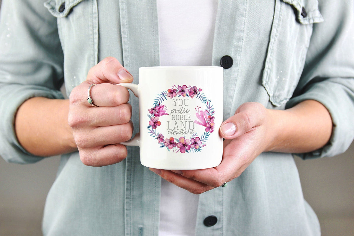 Ceramic Coffee Mug and Cup with Floral Wreath Quote Print 350ml White Glossy Heated
