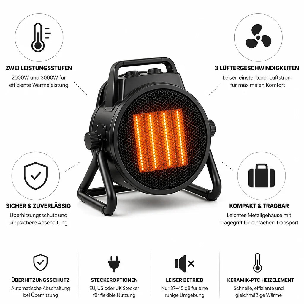 Ceramic Fan Heater | Quiet 3-Speed & Compact Metal | 2000/3000 W