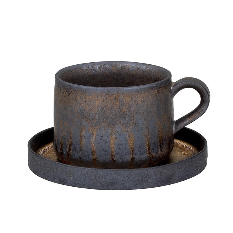 Ceramic Reusable Iced Coffee Cup and Saucer with Textured Glaze Drip Pattern