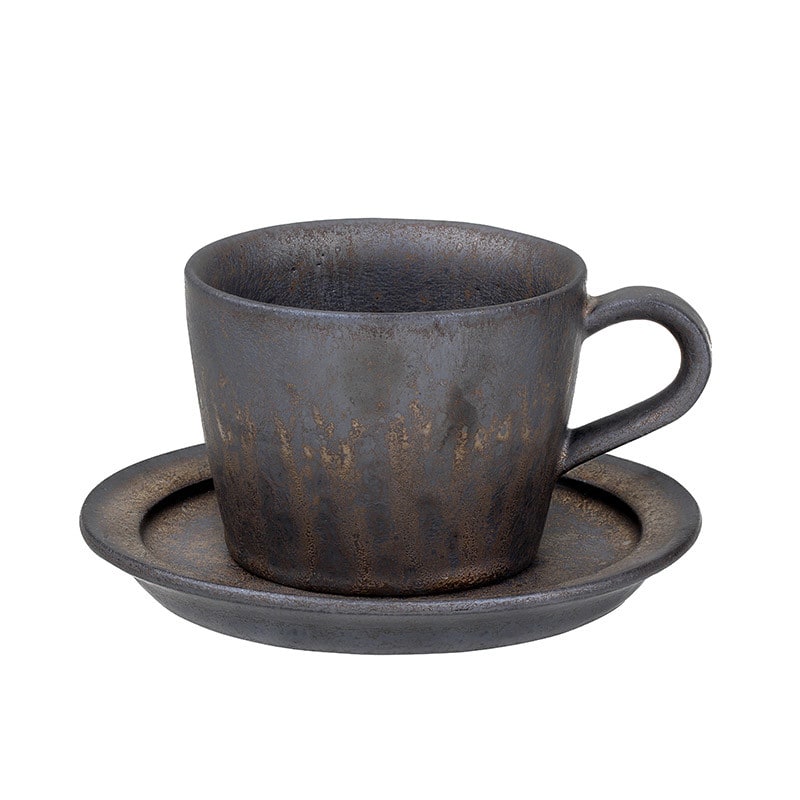 Ceramic Reusable Iced Coffee Cup and Saucer with Textured Glaze Drip Pattern