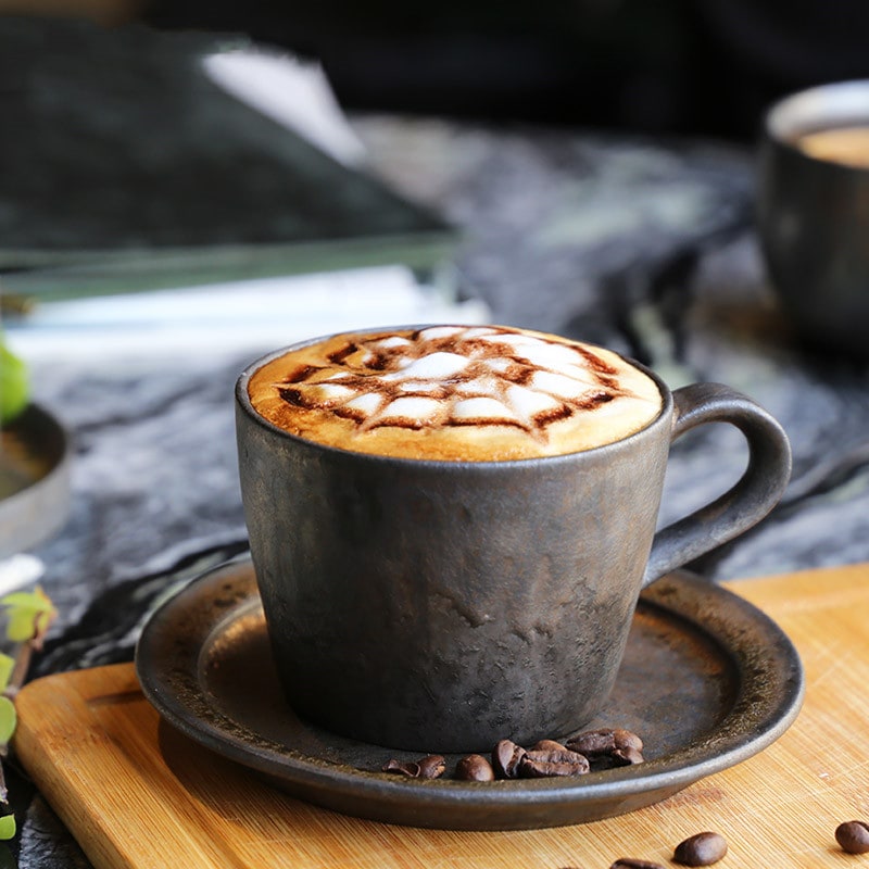 Ceramic Reusable Iced Coffee Cup and Saucer with Textured Glaze Drip Pattern