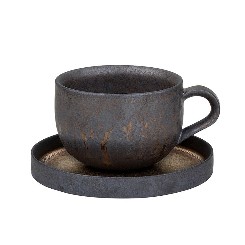 Ceramic Reusable Iced Coffee Cup and Saucer with Textured Glaze Drip Pattern