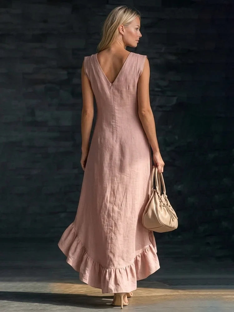 Romantic V-neck Ruffled Hem Linen-cotton Maxi Dress