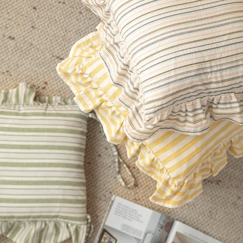 Chair Cushion | Padded Striped Ruffle Edge & Tie Straps