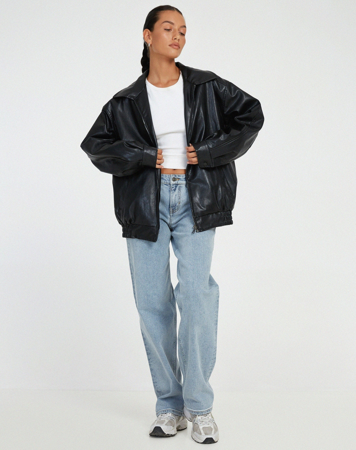 Angela | Women's Oversized Faux Leather Jacket Zip Up Lapel Collar