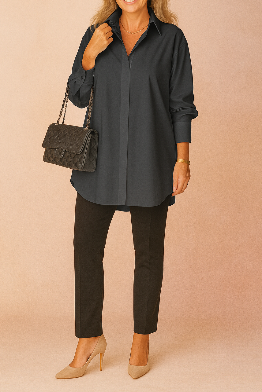 Women's Oversized Longline Shirt – Relaxed Button-Up Tunic with Classic Collar for Office and Smart Casual Wear