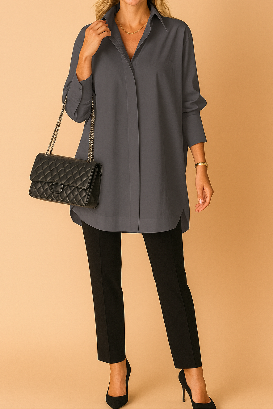 Women's Oversized Longline Shirt – Relaxed Button-Up Tunic with Classic Collar for Office and Smart Casual Wear