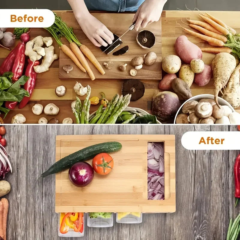 Chopping Board | Bamboo & 4 Pull-Out Trays | 4 Interchangeable Blades
