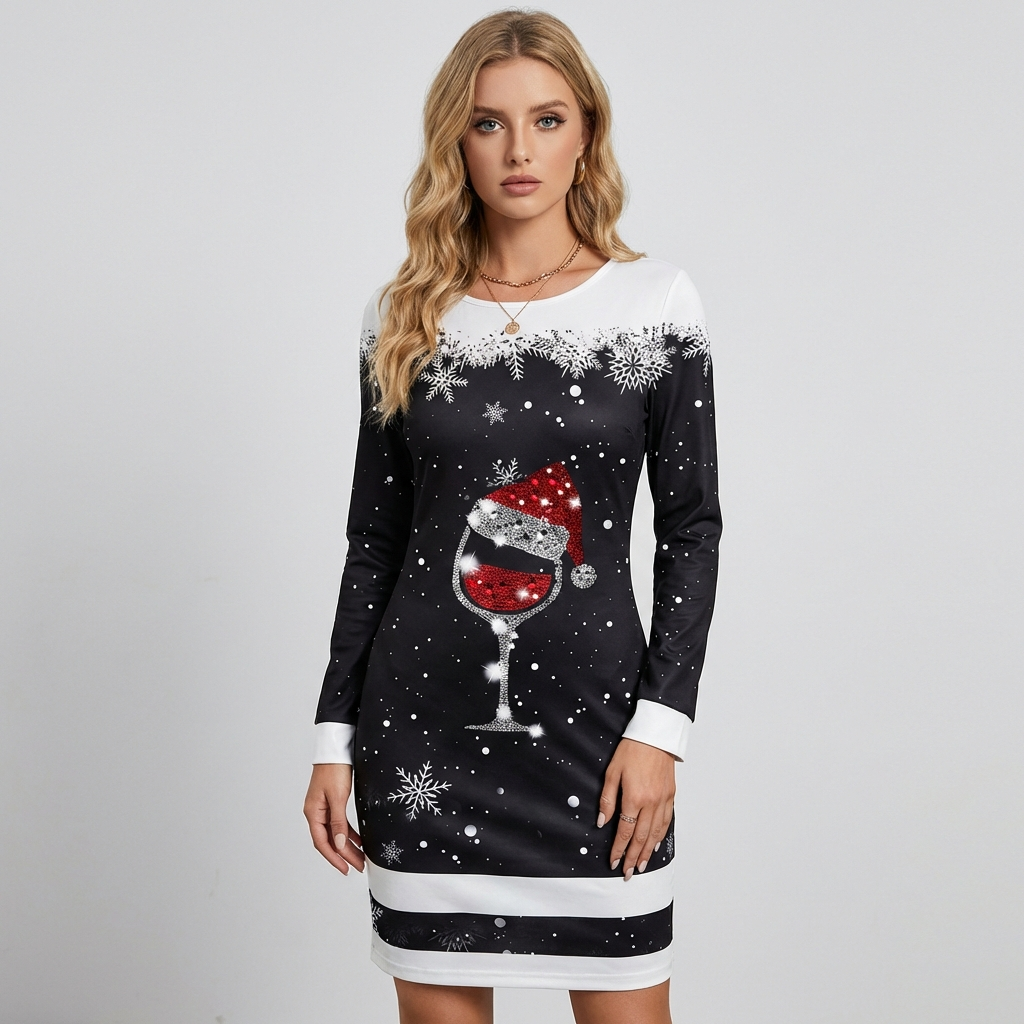 Christmas Dress with Round Neck and Print