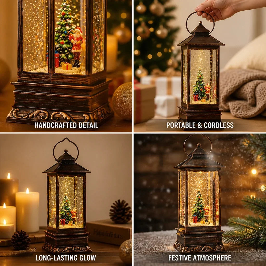 Christmas Lantern | Hand-Carved Resin Snow Globe & Warm LED | USB & Battery Powered