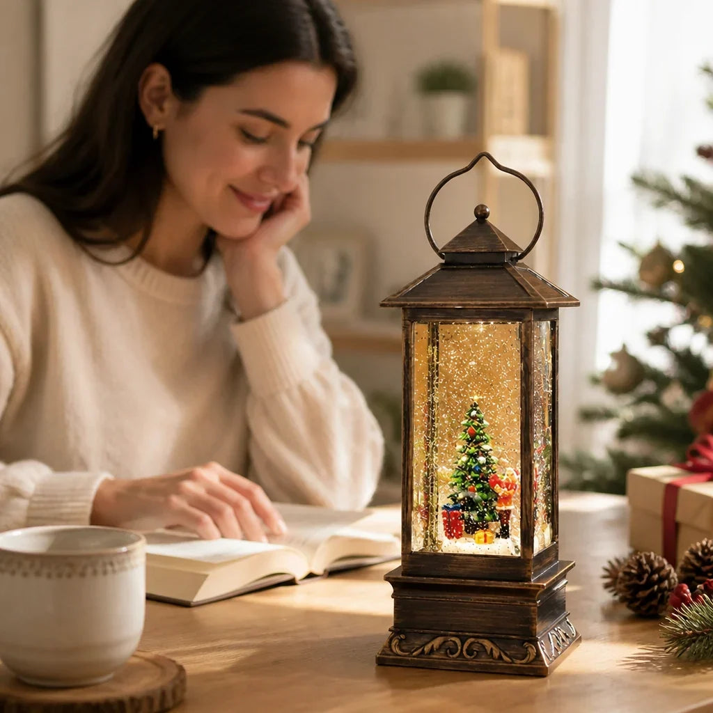 Christmas Lantern | Hand-Carved Resin Snow Globe & Warm LED | USB & Battery Powered