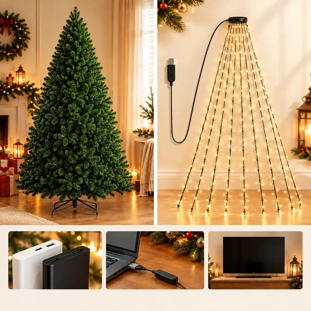 Christmas Tree Lights | Cascading Strands & USB Remote | 1.6 m Strands