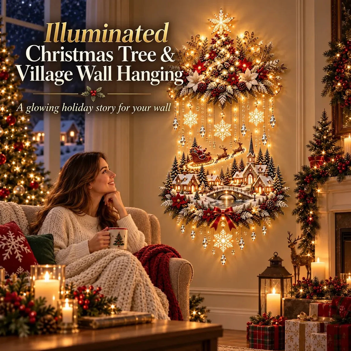 Christmas Wall Art - Illuminated Hanging Tree with Warm LED Lights