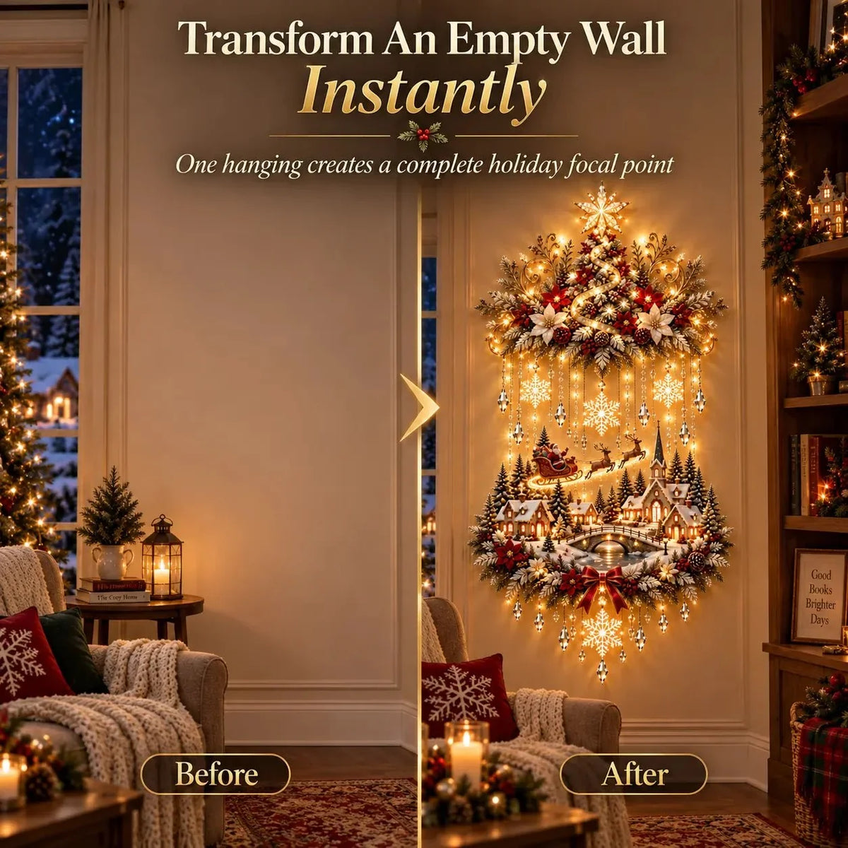 Christmas Wall Art - Illuminated Hanging Tree with Warm LED Lights