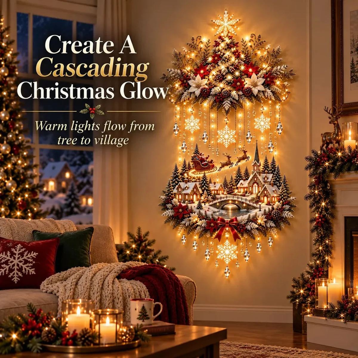 Christmas Wall Art - Illuminated Hanging Tree with Warm LED Lights
