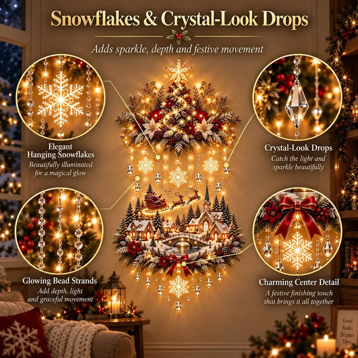 Christmas Wall Art - Illuminated Hanging Tree with Warm LED Lights