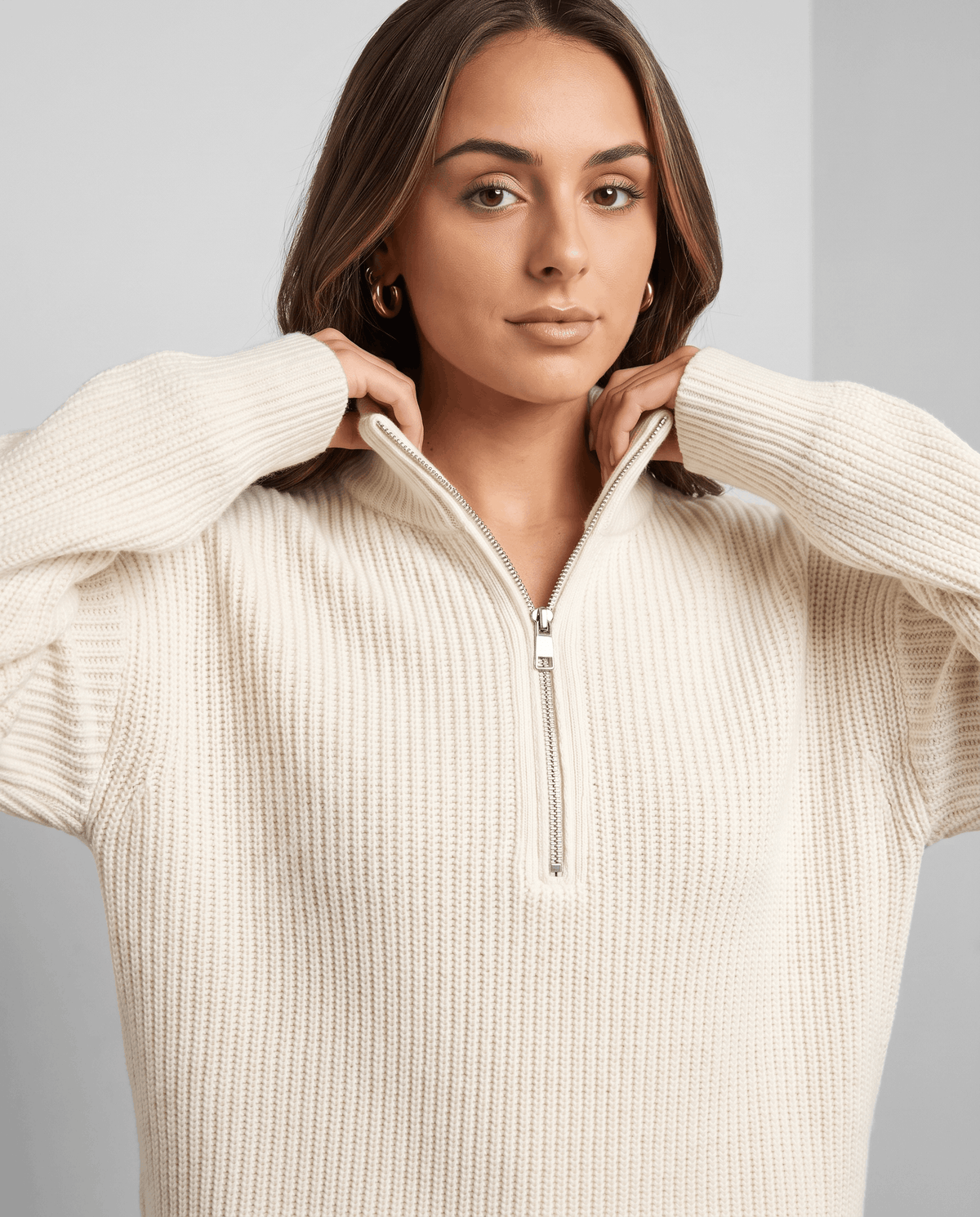 Chunky Rib Knit Half-Zip Sweater – Stand Collar, Drop Shoulders & Relaxed Fit | Wren
