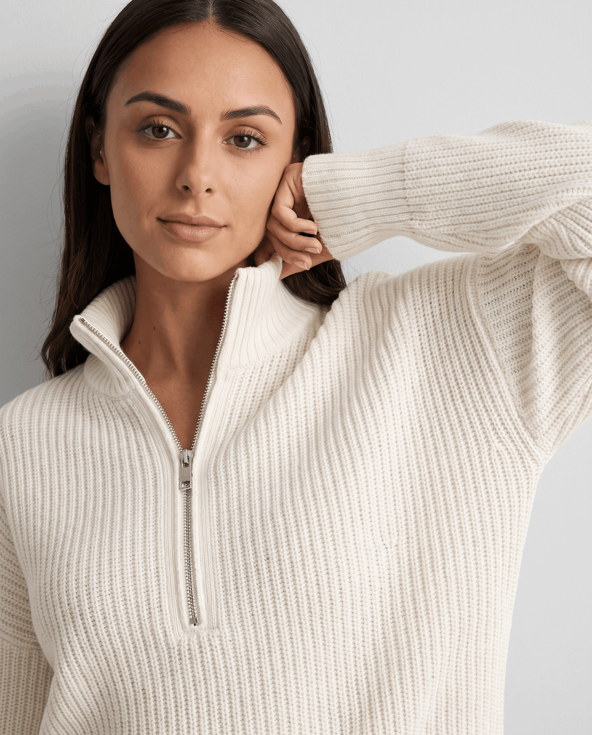 Chunky Rib Knit Half-Zip Sweater – Stand Collar, Drop Shoulders & Relaxed Fit | Wren