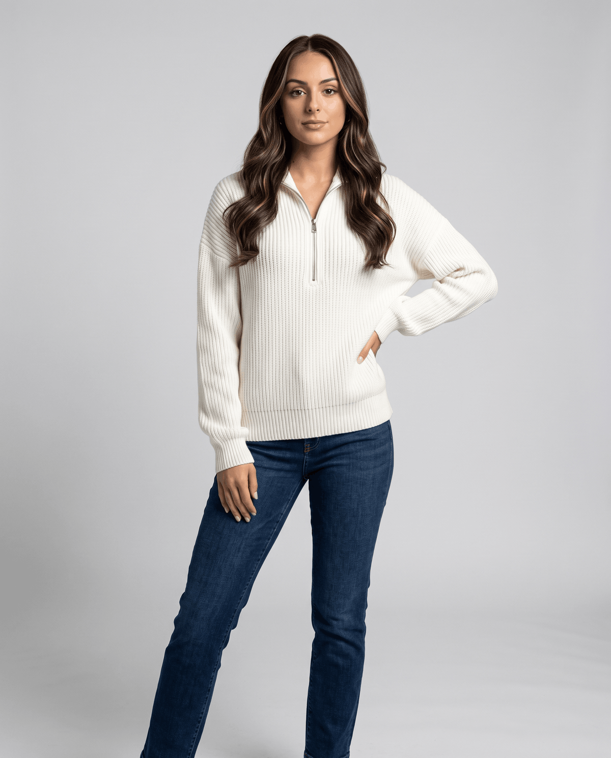 Chunky Rib Knit Half-Zip Sweater – Stand Collar, Drop Shoulders & Relaxed Fit | Wren