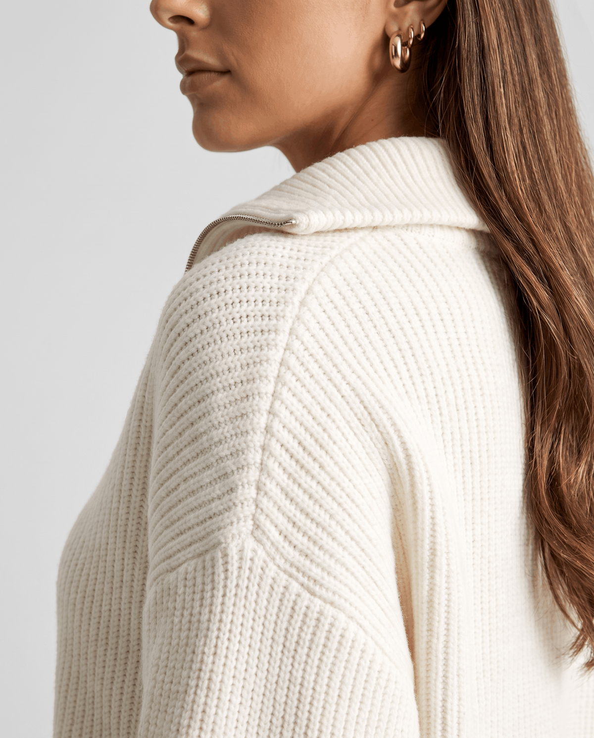 Chunky Rib Knit Half-Zip Sweater – Stand Collar, Drop Shoulders & Relaxed Fit | Wren