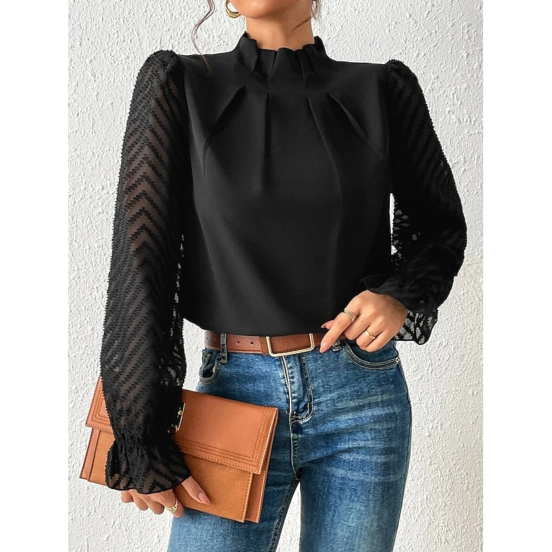 Women's High-Neck Blouse with Textured Sleeves