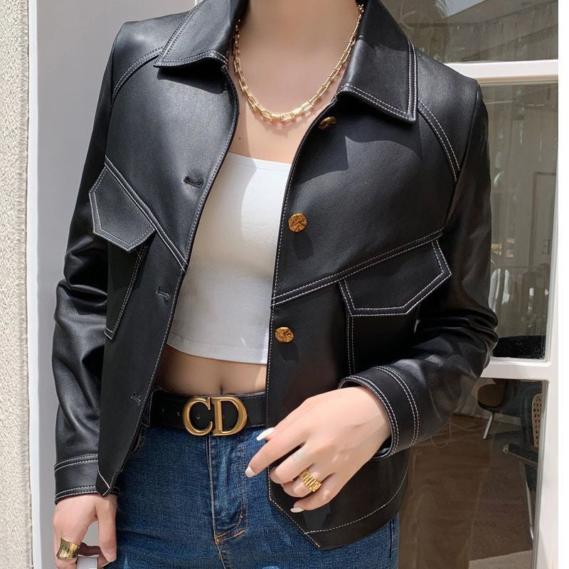 Noelle | Women's Faux Leather Jacket Button Front Pockets