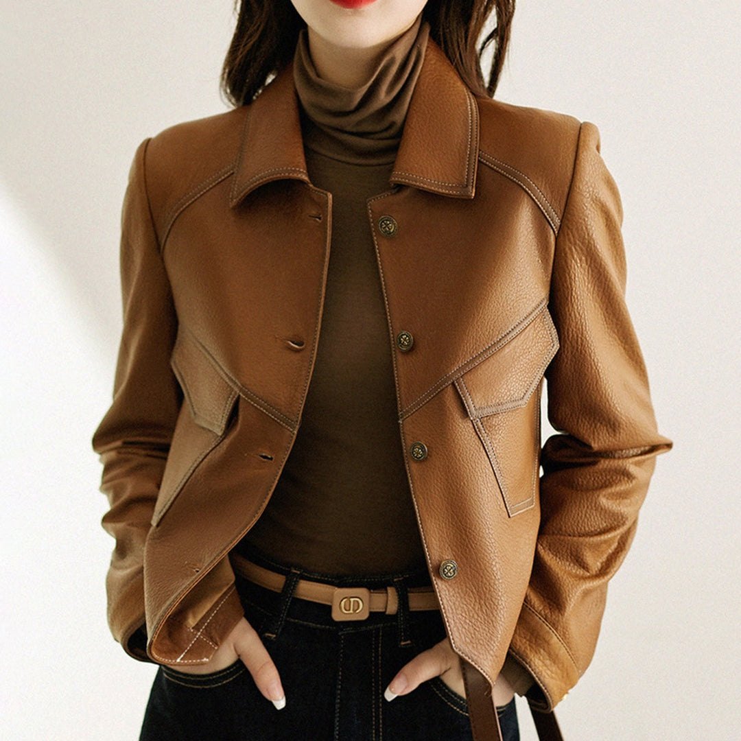 Noelle | Women's Faux Leather Jacket Button Front Pockets