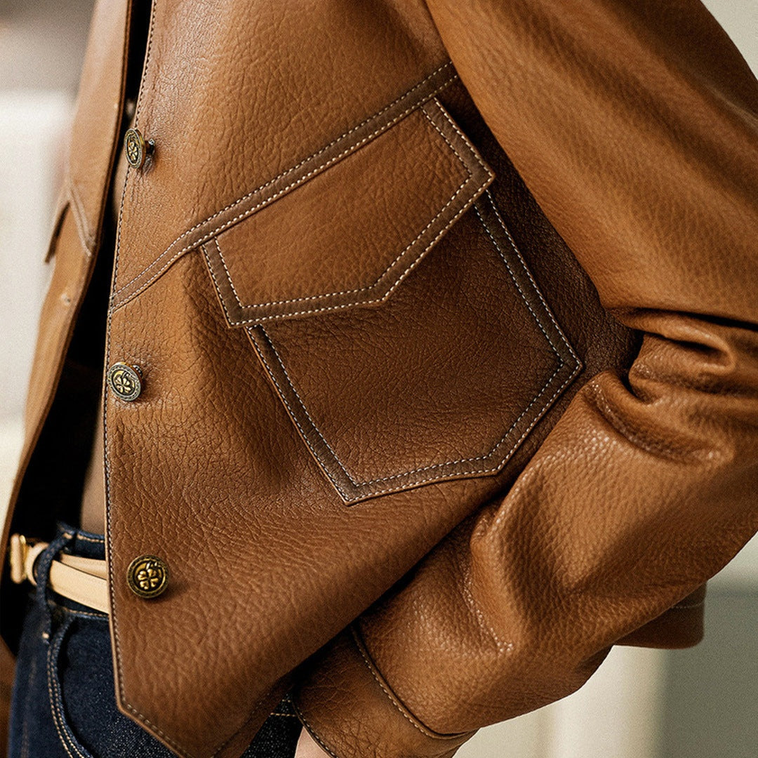 Noelle | Women's Faux Leather Jacket Button Front Pockets