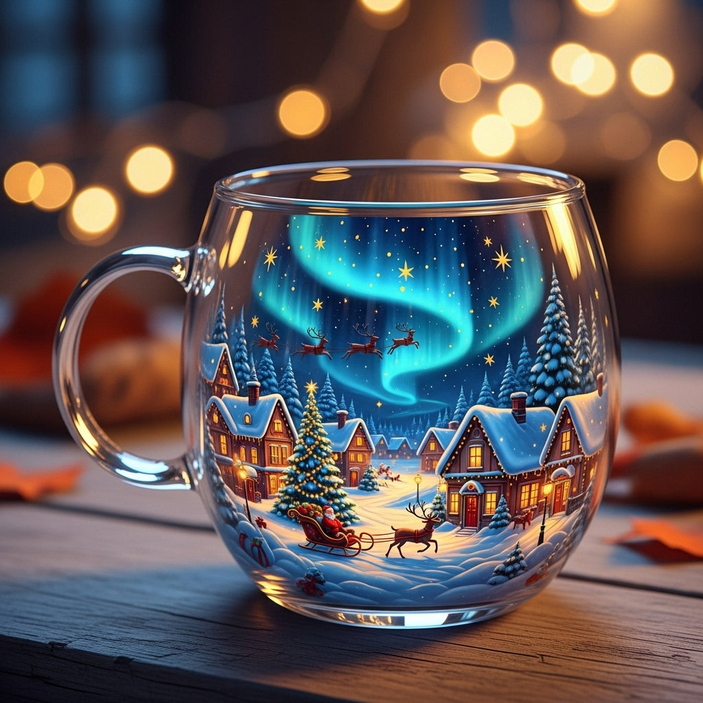 Clear Glass Tapered Mug with Frosted Landscape Motif