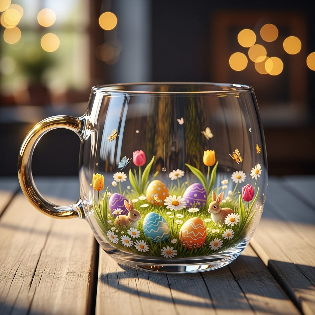Clear Glass Tapered Mug with Frosted Landscape Motif