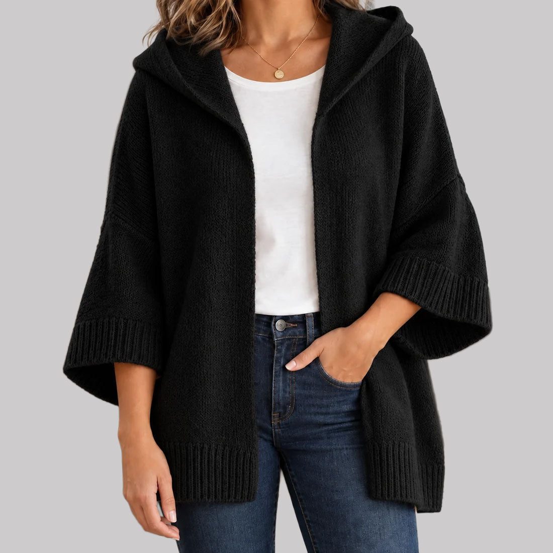Clover - Women's Hooded Open-Front Cardigan with Relaxed Drape
