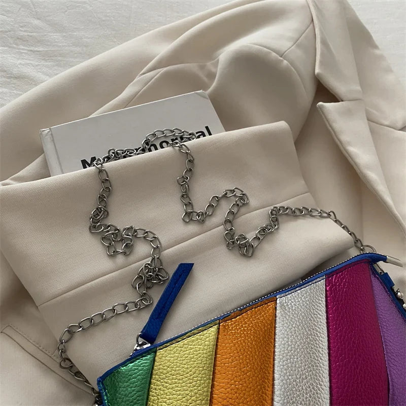 Clutch Bag | Metallic Faux Leather & Colorful Diagonal Stripes